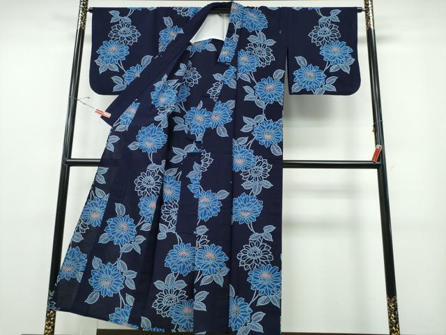 平和屋着物∴夏物 浴衣 藍 注染 手染め 手縫い 向日葵 日本製 綿 逸品 CABE8992ng