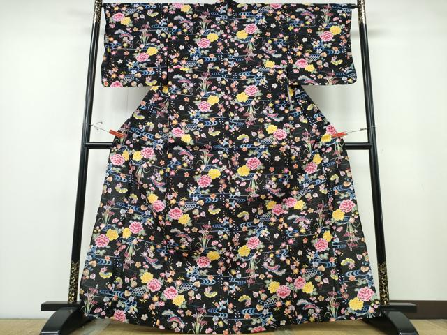 平和屋着物∴夏物 浴衣 綿紅梅 流水草花尽くし 黒地 綿 逸品 未使用 CABE8994ng