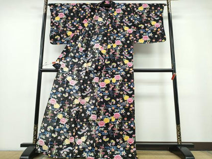 平和屋着物∴夏物 浴衣 綿紅梅 流水草花尽くし 黒地 綿 逸品 未使用 CABE8994ng