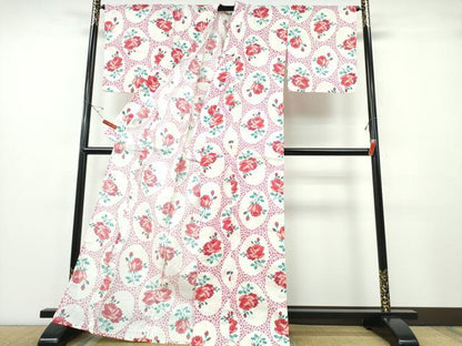 平和屋着物∴夏物 浴衣 綿紅梅 薔薇 綿 逸品 未使用 CABE8995ng