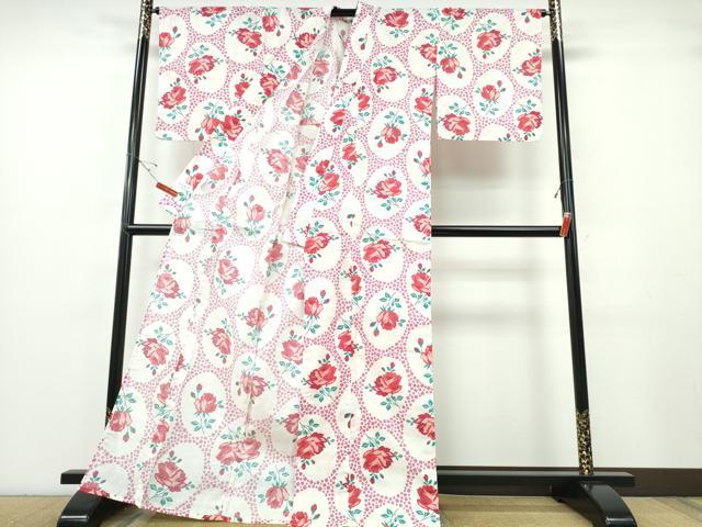平和屋着物∴夏物 浴衣 綿紅梅 薔薇 綿 逸品 未使用 CABE8995ng