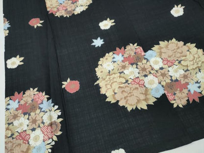 平和屋着物∴夏物　浴衣　美しいキモノ　黒地　花丸文　日本製　綿　逸品　未使用　CABE8999ng