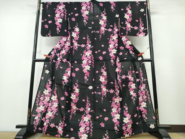 平和屋着物∴夏物　浴衣　草花文　黒地　綿　逸品　未使用　CABE9001ng