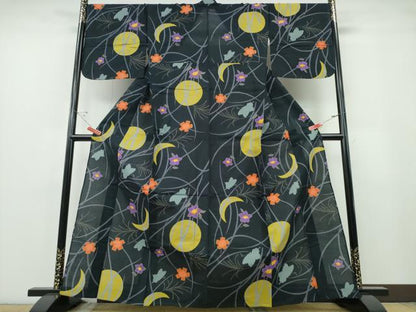 平和屋着物∴夏物 浴衣 月 雪芝花文 黒地 金彩 綿 逸品 CABE9004ng