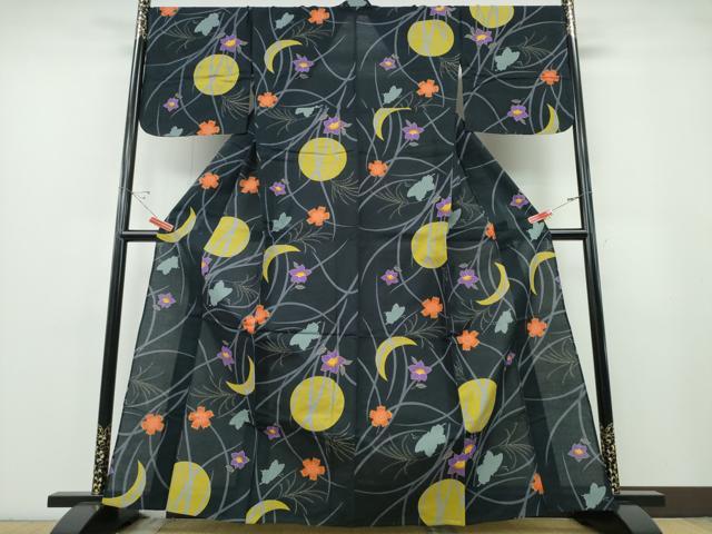 平和屋着物∴夏物 浴衣 月 雪芝花文 黒地 金彩 綿 逸品 CABE9004ng