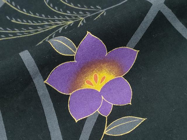 平和屋着物∴夏物 浴衣 月 雪芝花文 黒地 金彩 綿 逸品 CABE9004ng
