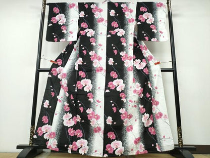 平和屋着物∴夏物 浴衣 綿紅梅 胡蝶蘭 黒地 綿 逸品 CABE9008ng