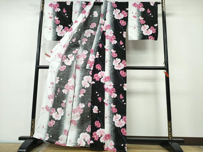 平和屋着物∴夏物 浴衣 綿紅梅 胡蝶蘭 黒地 綿 逸品 CABE9008ng