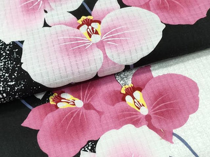 平和屋着物∴夏物 浴衣 綿紅梅 胡蝶蘭 黒地 綿 逸品 CABE9008ng