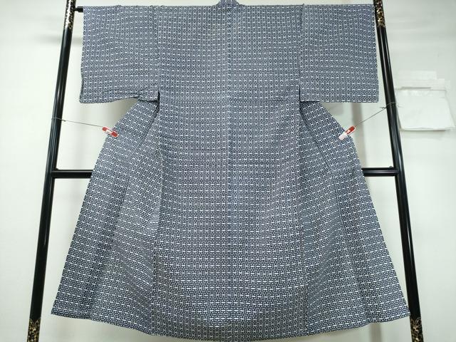 平和屋着物∴夏物 男性 浴衣 藍 注染 手染め 手縫い 幾何学文様 日本製 綿 逸品 CABE9019ng