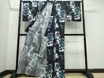 平和屋着物∴夏物 浴衣 トンボ 蜻蛉 朝顔短冊文 黒地 綿 逸品 CABE9061ng