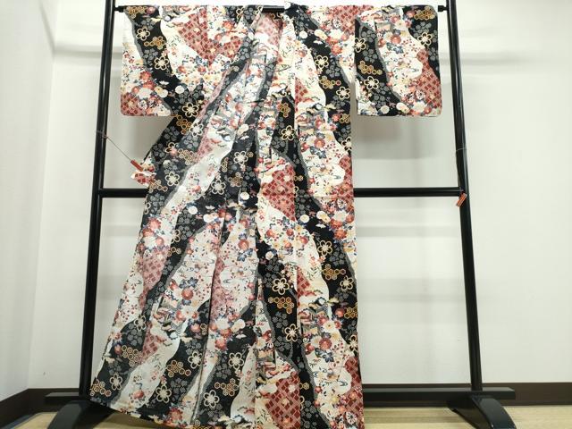 平和屋着物∴夏物 小紋・浴衣兼用 鴛鴦御所車花文 綿 逸品 CABE9063ng