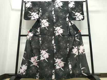 平和屋着物∴夏物 浴衣 綿紅梅 舞花文 黒地 綿 逸品 CABE9074ng