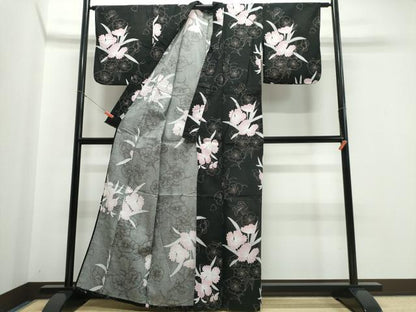 平和屋着物∴夏物 浴衣 綿紅梅 舞花文 黒地 綿 逸品 CABE9074ng