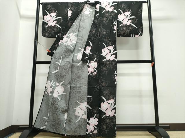 平和屋着物∴夏物 浴衣 綿紅梅 舞花文 黒地 綿 逸品 CABE9074ng