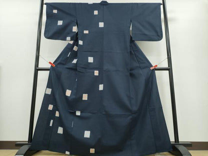 平和屋着物∴夏物　撫松庵　浴衣　片身替わり　格子柄　濃紺地　綿　逸品　CABE9090ng