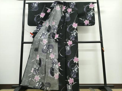 平和屋着物∴夏物　浴衣　ゆり　百合　雪輪草花文　黒地　綿　逸品　CABE9097ng