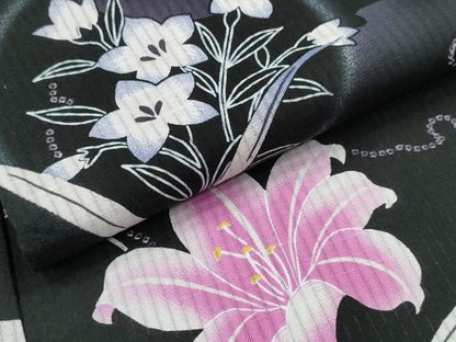 平和屋着物∴夏物　浴衣　ゆり　百合　雪輪草花文　黒地　綿　逸品　CABE9097ng