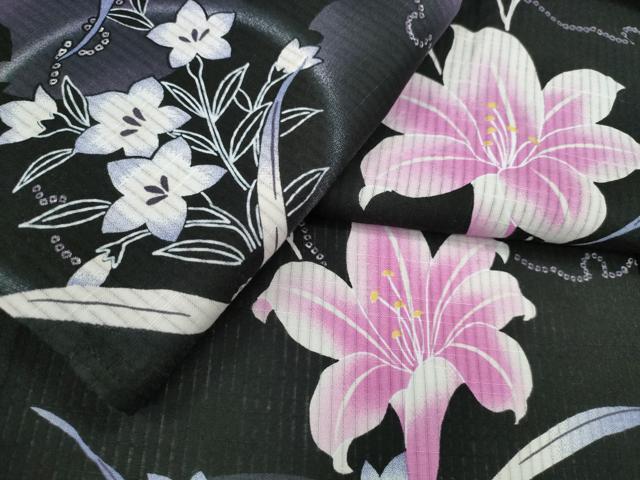 平和屋着物∴夏物　浴衣　ゆり　百合　雪輪草花文　黒地　綿　逸品　CABE9097ng
