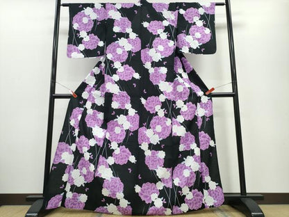 平和屋着物∴夏物　浴衣　牡丹　黒地　綿　逸品　CABE9103ng