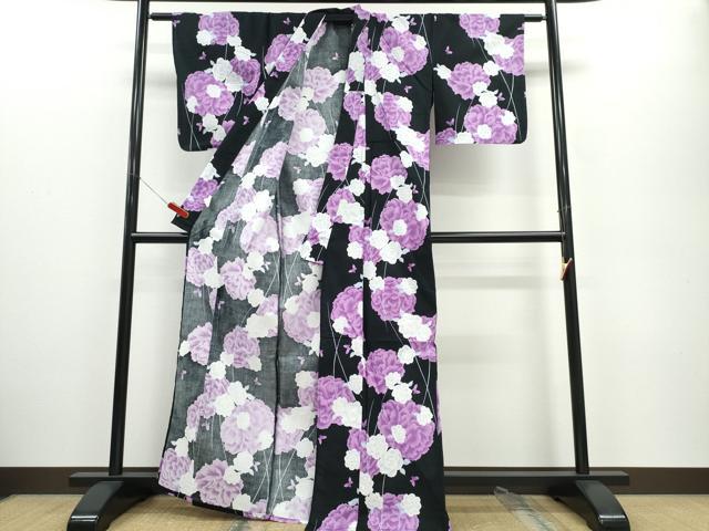 平和屋着物∴夏物　浴衣　牡丹　黒地　綿　逸品　CABE9103ng