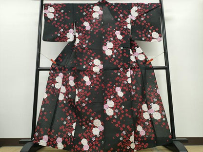 平和屋着物∴夏物　浴衣　舞桜花文　黒地　綿　逸品　CABE9105ng