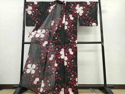 平和屋着物∴夏物　浴衣　舞桜花文　黒地　綿　逸品　CABE9105ng