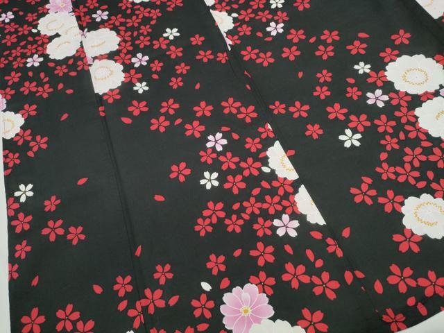 平和屋着物∴夏物　浴衣　舞桜花文　黒地　綿　逸品　CABE9105ng