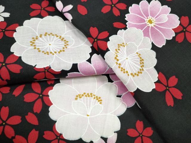 平和屋着物∴夏物　浴衣　舞桜花文　黒地　綿　逸品　CABE9105ng