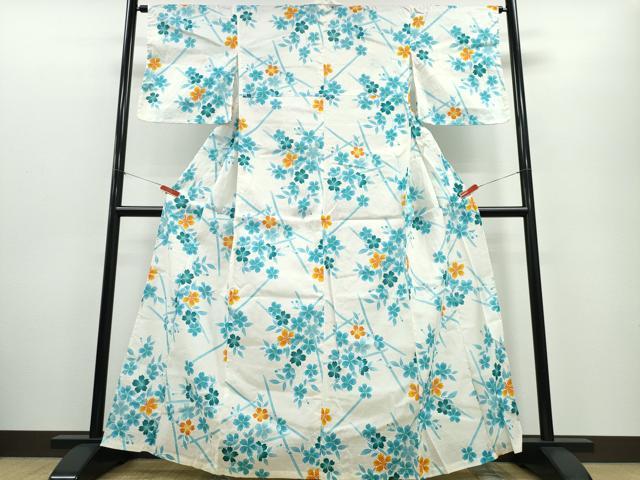 平和屋着物∴夏物　浴衣　竹垣枝花文　綿　逸品　CABE9107ng