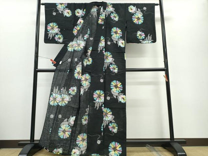 平和屋着物∴夏物　浴衣　風車　黒地　綿　逸品　CABE9109ng