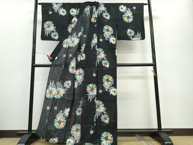 平和屋着物∴夏物　浴衣　風車　黒地　綿　逸品　CABE9109ng