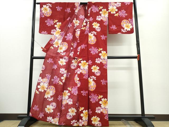 平和屋着物∴夏物　浴衣　綿紅梅　毬花文　金彩　綿　逸品　CABE9110ng