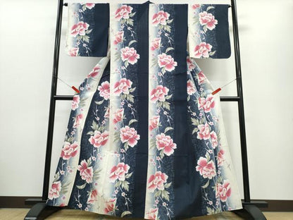 平和屋着物∴夏物　浴衣　枝牡丹梅文　綿　逸品　CABE9114ng