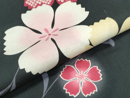 平和屋着物∴夏物　浴衣　草花文　黒地　綿　逸品　CABE9115ng