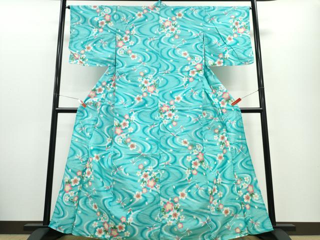 平和屋着物∴夏物　浴衣　トンボ　蜻蛉　流水舞桜　綿　逸品　CABE9116ng