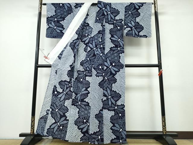 平和屋着物∴夏物　浴衣　有松鳴海絞り　トンボ　蜻蛉　団扇流水文　綿　逸品　CABE9123ng