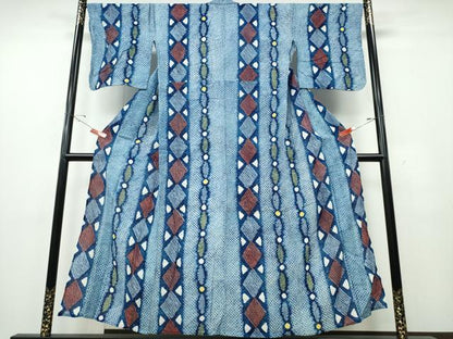 平和屋着物∴夏物　浴衣　有松鳴海絞り　間道　幾何学文様　綿　逸品　CABE9127ng