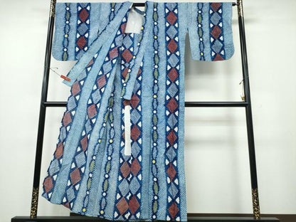 平和屋着物∴夏物　浴衣　有松鳴海絞り　間道　幾何学文様　綿　逸品　CABE9127ng