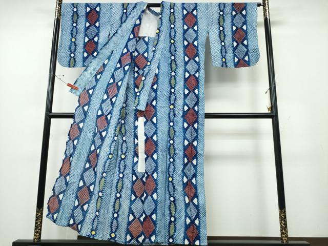 平和屋着物∴夏物　浴衣　有松鳴海絞り　間道　幾何学文様　綿　逸品　CABE9127ng