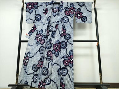 平和屋着物∴夏物　浴衣　有松鳴海絞り　枝松葉花文　綿　逸品　CABE9131ng
