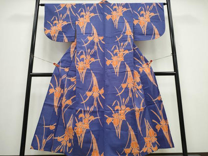 平和屋着物∴夏物　浴衣　手縫い　杜若　日本製　綿　逸品　CABE9137ng