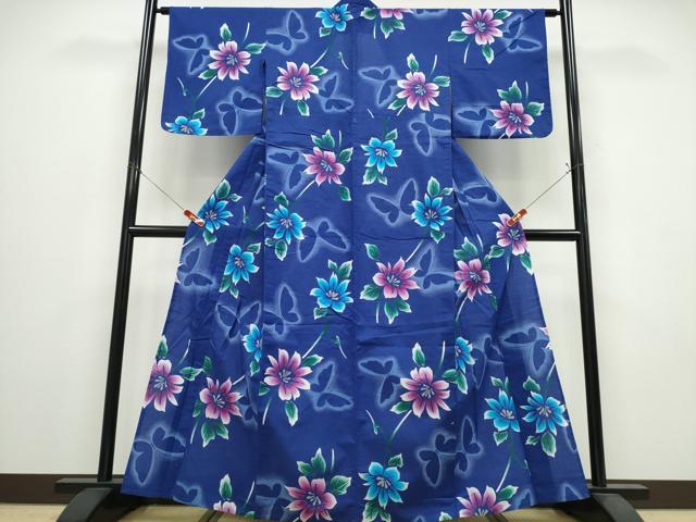 平和屋着物∴夏物　浴衣　舞蝶シルエット　草花文　綿　逸品　CABE9140ng