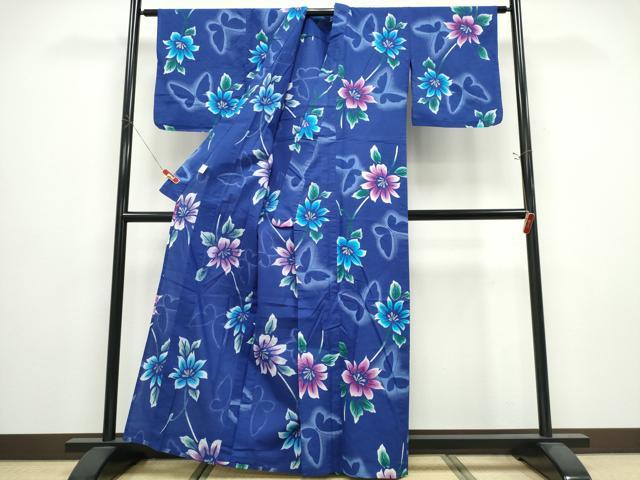 平和屋着物∴夏物　浴衣　舞蝶シルエット　草花文　綿　逸品　CABE9140ng