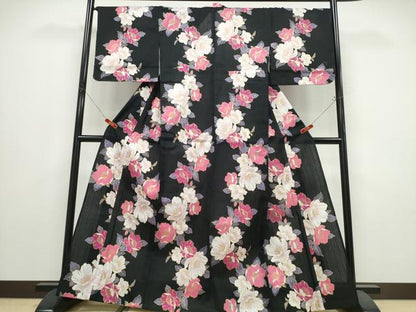 平和屋着物∴夏物　浴衣　枝牡丹　黒地　金彩　綿　逸品　未使用　CABE9146ng