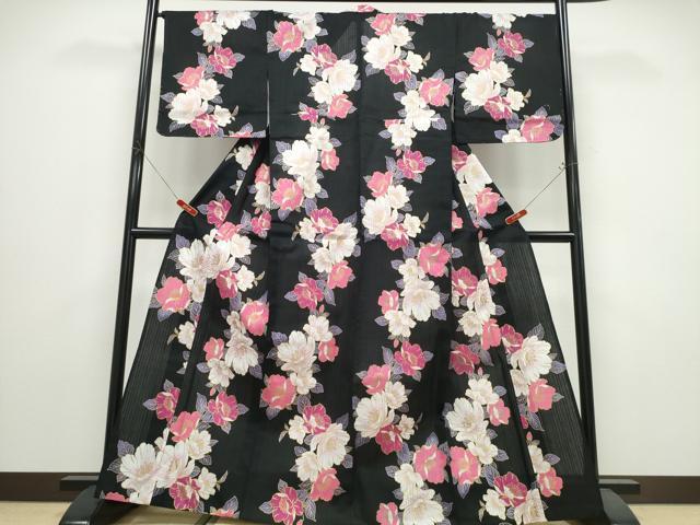 平和屋着物∴夏物　浴衣　枝牡丹　黒地　金彩　綿　逸品　未使用　CABE9146ng