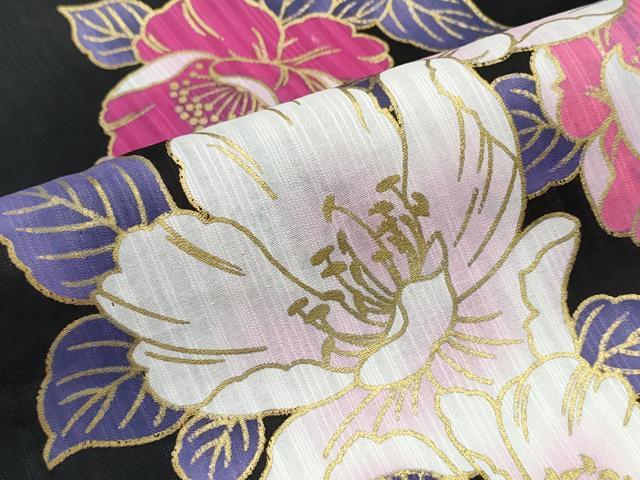 平和屋着物∴夏物　浴衣　枝牡丹　黒地　金彩　綿　逸品　未使用　CABE9146ng