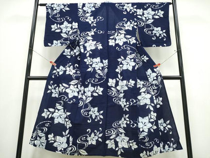 平和屋着物∴夏物　浴衣　藍　注染　手染め　手縫い　桔梗　流水文　日本製　綿　逸品　CABE9147ng
