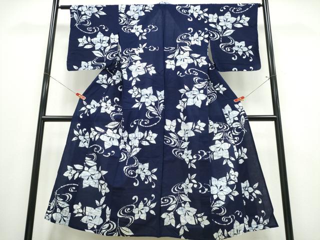 平和屋着物∴夏物　浴衣　藍　注染　手染め　手縫い　桔梗　流水文　日本製　綿　逸品　CABE9147ng