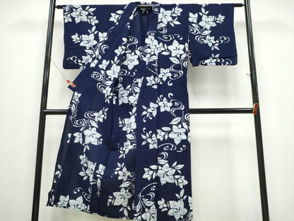 平和屋着物∴夏物　浴衣　藍　注染　手染め　手縫い　桔梗　流水文　日本製　綿　逸品　CABE9147ng